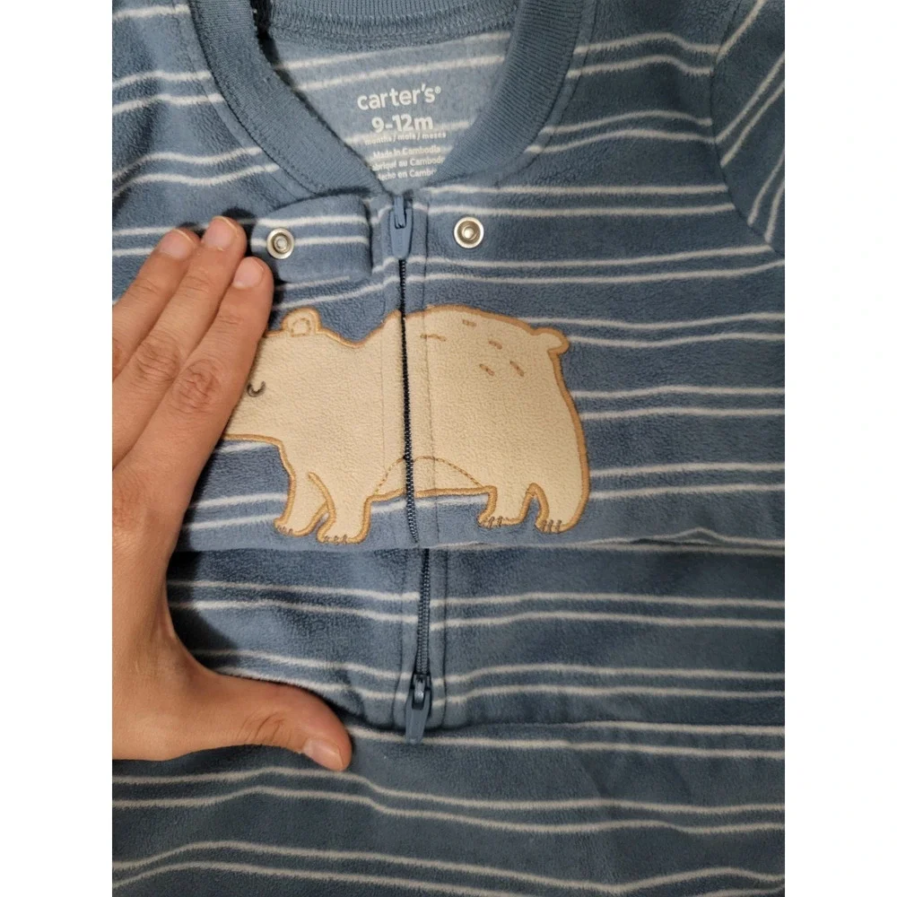 Carter's 9-12M Blue Striped Bear Fleece Sleep Sack Long Sleeve Wearable Blanket